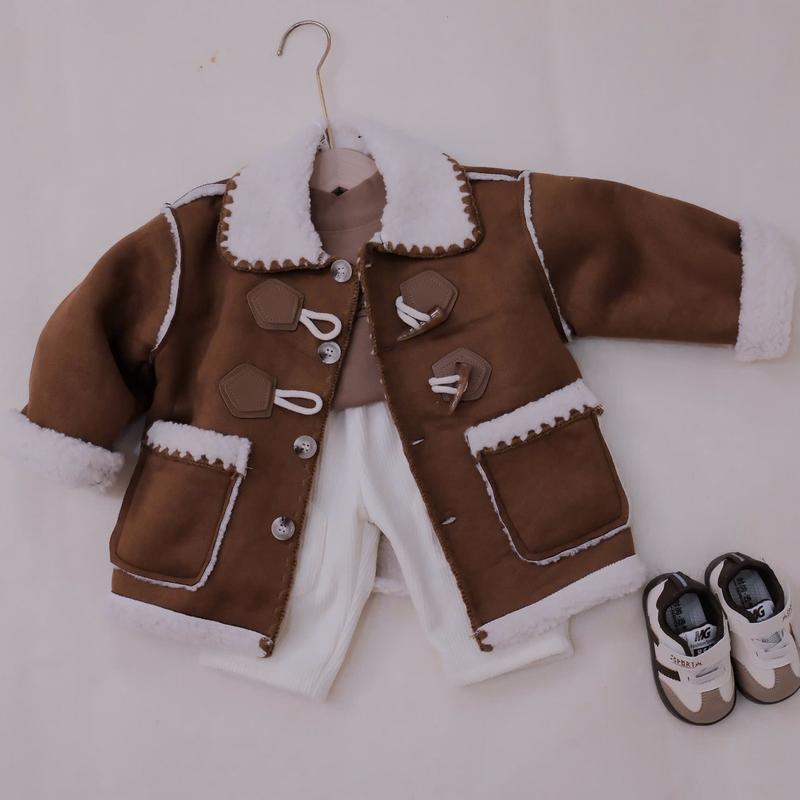 MẸ THÓC áo bé trai bé gái: áo khoác da lộn khuy vân đá lót lông cổ bẻ dệt viền dáng basic hàng QCCC by KID CLOTHING
