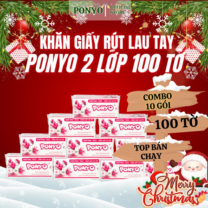  Combo 10 gói Khăn giấy rút lau tay PONYO 2 lớp gói 100 tờ khổ 19x22cm - Thiên An Nam paper 