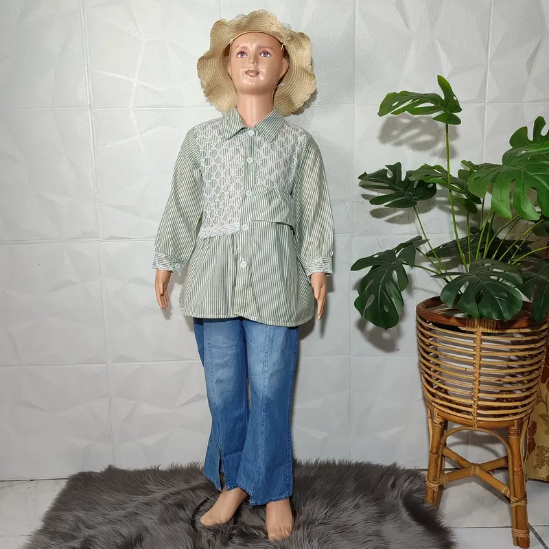 Setelan Anak Perempuan 4-12 Tahun, Baju Kemeja Salur dan Celana Jeans Cutbray - Fashion 6