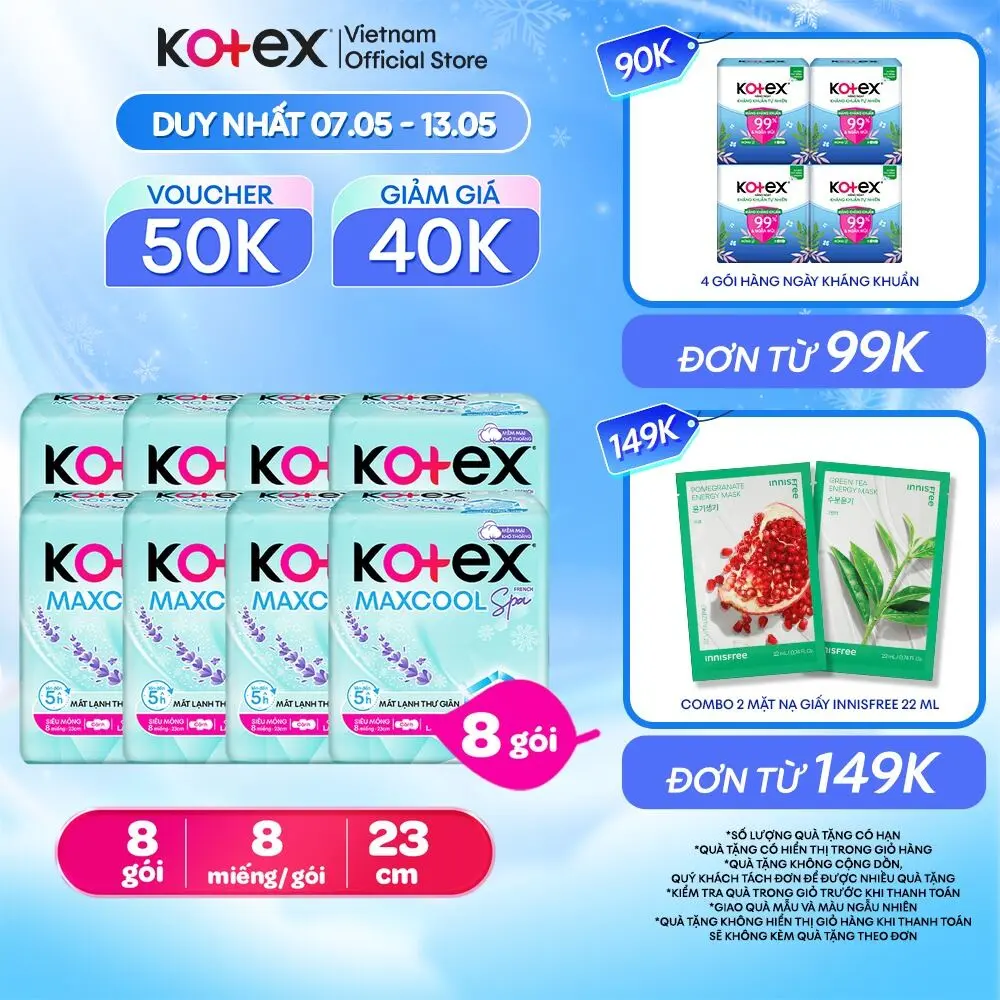 [Creator] Combo 8 gói/Combo 16 gói băng vệ sinh Kotex Maxcool French Spa siêu mỏng cánh 23cm (8M/gói) [Bao Bì Thay Đổi Theo Từng Đợt Nhập Hàng]