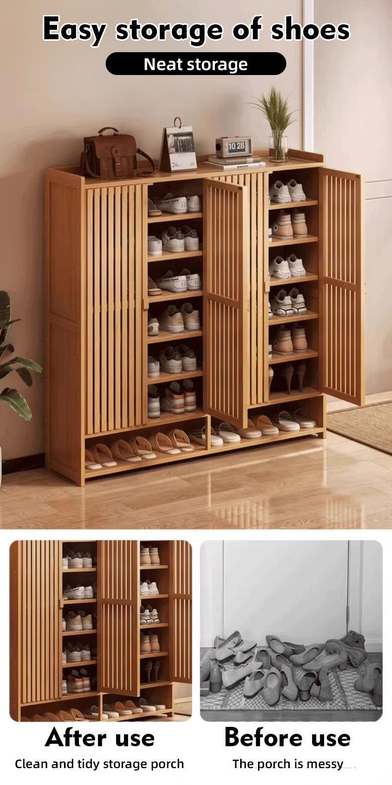 Product Introduction of SG Local Seller 2025 – Upgrade your entryway with this Bamboo Shoe Rack Cabinet, featuring breathable doors and thickened laminate shelves for storage. 35