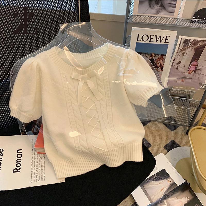 Áo len dệt kim ngắn tay nơ thời trang Hàn Quốc Quần áo nữ Slim Y2K Top