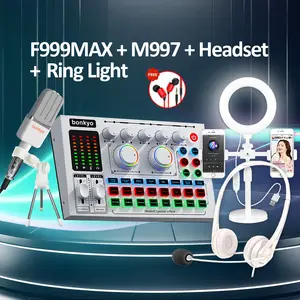 Bonkyo F999MAX Soundcard + M997 Mikrofon + Headset + Ring Light Set Siaran Langsung Bluetooth Audio Mixer Hitam Logam Pengurangan Kebisingan Cerdas Data Lossless OTG Bass Headphone