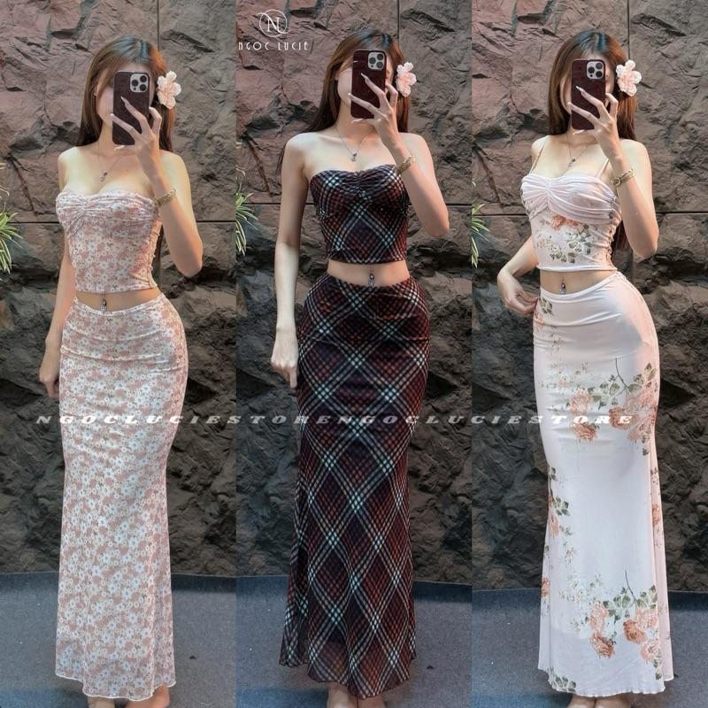 S354 - Set 2 Món Áo Quây Cúp + Chân Váy Đuôi Cá Vải Lưới Hoạ Tiết - Ngọc Lucie