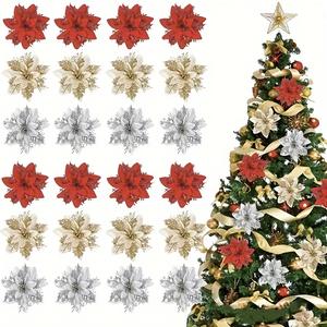 12 piezas de flores navideñas artificiales de 15 cm de tres capas y huecas en varios colores con clips, polvo dorado, decoraciones navideñas, accesorios festivos, árbol de Navidad, corona, hogar, decoraciones para fiestas navideñas.