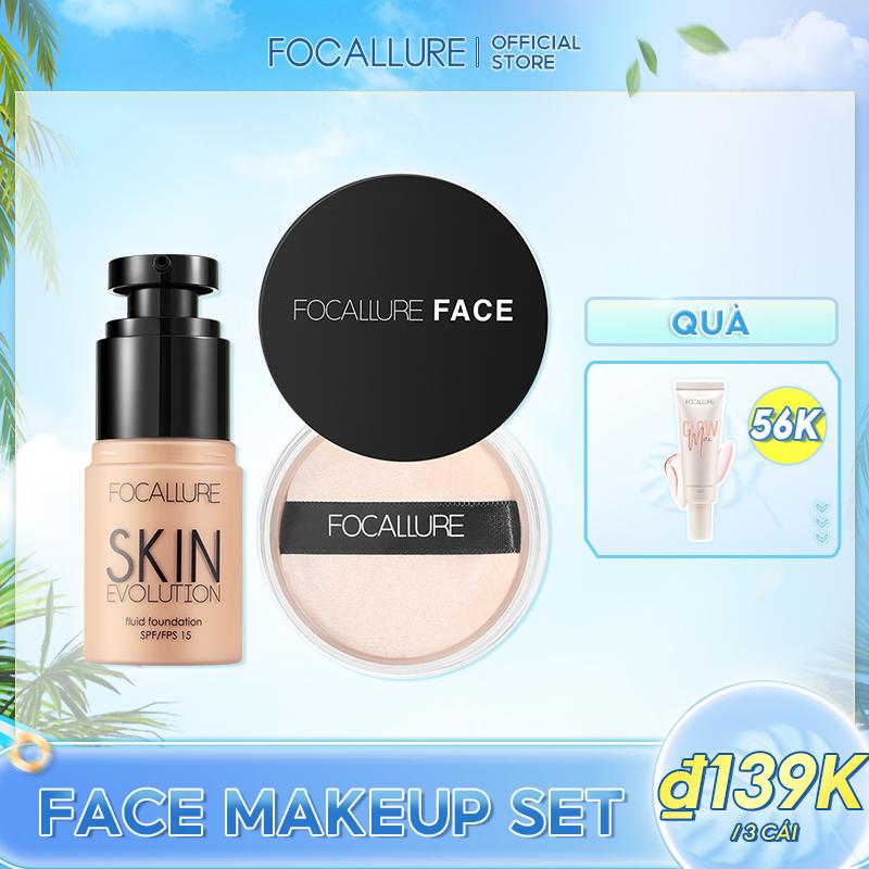 FOCALLURE Mỹ phẩm Bộ ba mảnh Kem nền dạng lỏng Phấn phủ rời Kem lót trang điểm + Free Gift Primer 1pcs