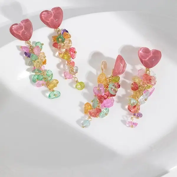 Pink Heart Long Tassel Earrings Colorful Cute Dangle Drop Ear Clips for Non-Pierced Women