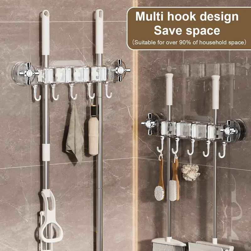 Wall Mounted Mop & Broom Holder, 1 Count Space Saving Self Adhesive Mop & Broom Storage Rack with 4 Holders & 5 Hooks, Home Organizer for Laundry Room 6