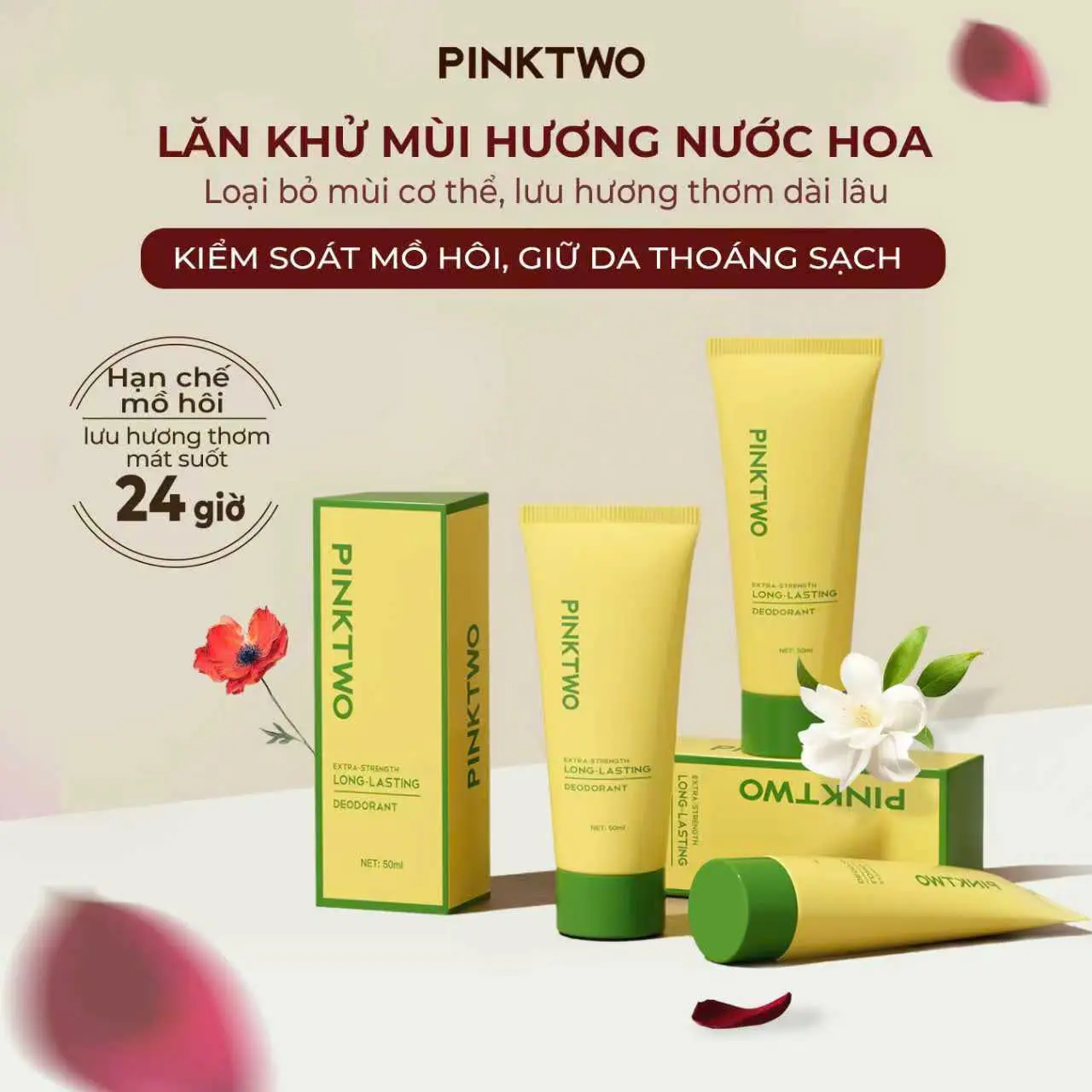 Lăn Khử Mùi Hương Nước Hoa Cao Cấp PINKTWO –  Khử Mùi Suốt 24h, Khô Thoáng, Thơm Sang Không Lem Áo [50ml]