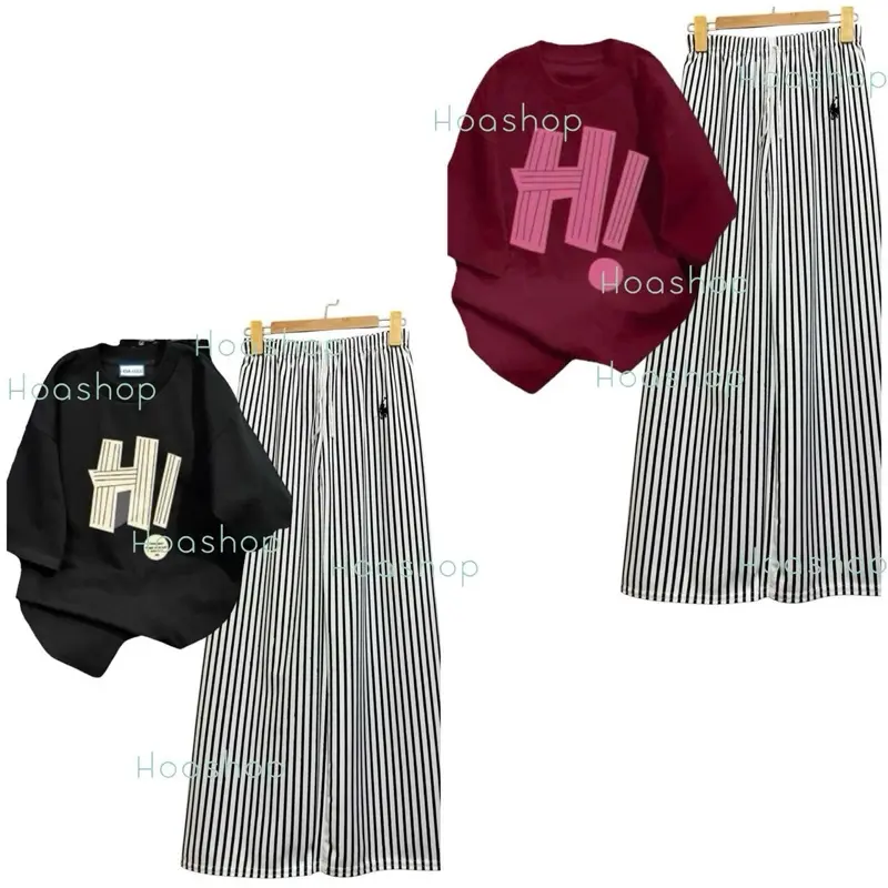 ￼Set bộ áo thun cotton form rộng mix quần xuông kẻ dọc thêu ngựa hot women 8