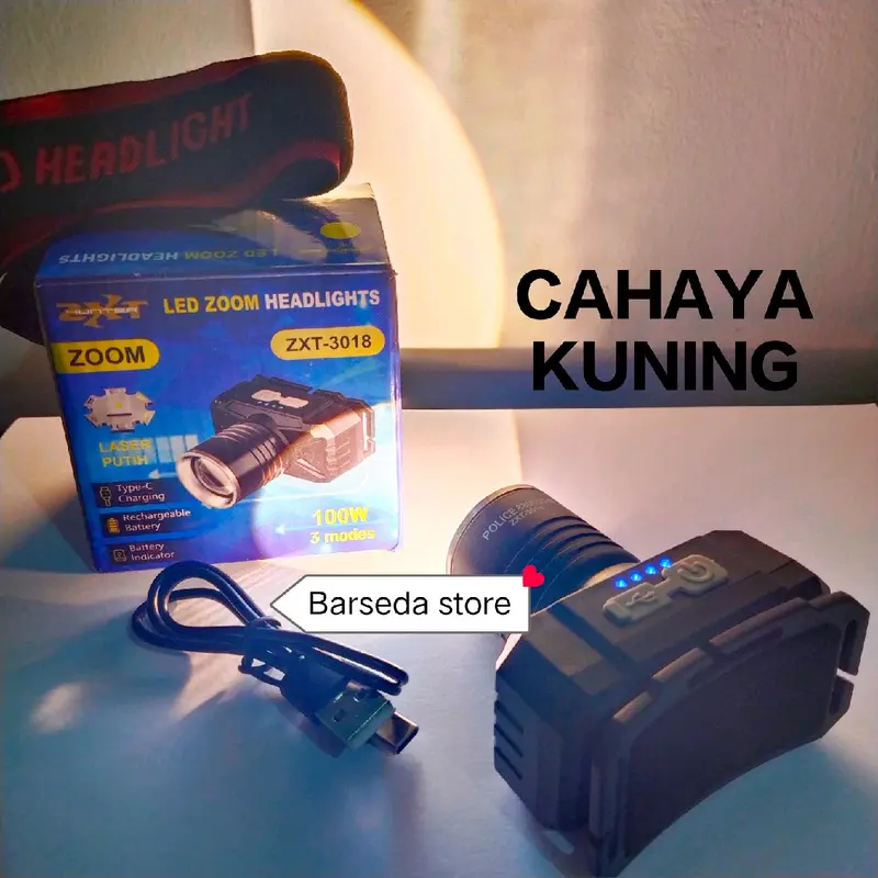 Senter Kepala Zoom Led 100 WATT ZXT-3018 Headlamp 3 Mode Cahaya KUNING Super Terang Cocok Pakai Camping Berkemah 6