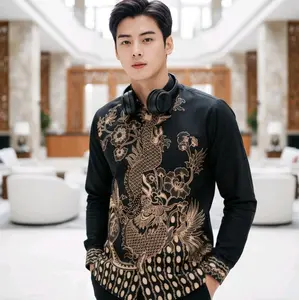 kemeja baju batik pria slimfit premium lengan panjang lapis furing motif DEVANDRA bahan katun halus premium solo tebal Hitam