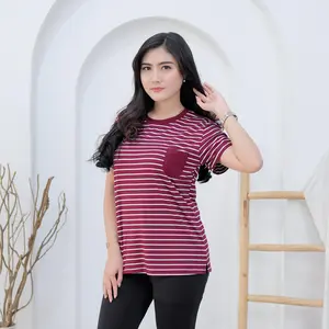 Pp Fashion | Kaos stripe wanita Kaos pocket wanita Kaos salur wanita lengan pendek Kaos slit motif salur murah