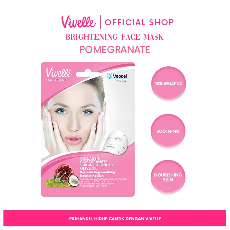 Vivelle Facial Masker Wajah Veocel Sheet Mask Peel Off Hydrate - 1 Sachet - Pomegrante - Rejuvinasikan, mengencangkan dan menutrisi kulit 0