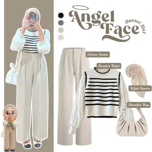 Angel Face Outfit 4in1 - Sweater Rajut Stripe Celana Jennie Knit Hijab Segi Empat Shoulder Bag Kerut l One Set Korean Soft Look SO2A14