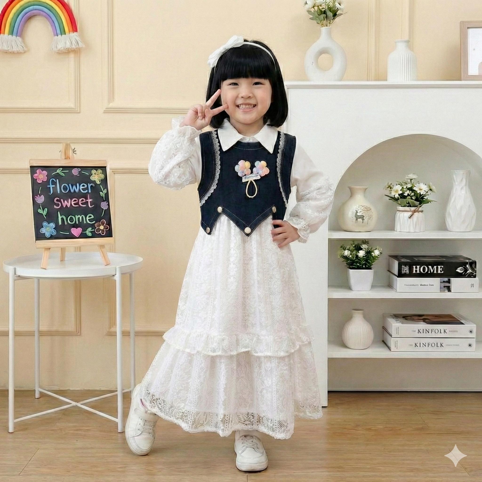 Gamis Dahlya Anak Rompi Jeans Mix Brukat malika Model Korean Farian bunga Cantik Kekinian Anak Perempuan Usia 3 - 10 Tahun Dress Kekinian Lengan Panjang Baju Muslim Anak Perempuan Gams Lebaran Anak Perempuan Lebaran 2026