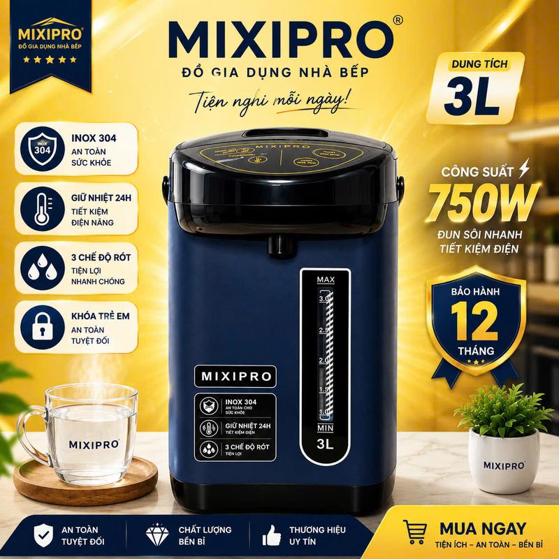 Bình Thủy Điện MIXIPRO 3L Inox 304 – Bình Đun Giữ Nóng 24H, 3 Cách Lấy Nước, Tiện Lợi Cho Gia Đình