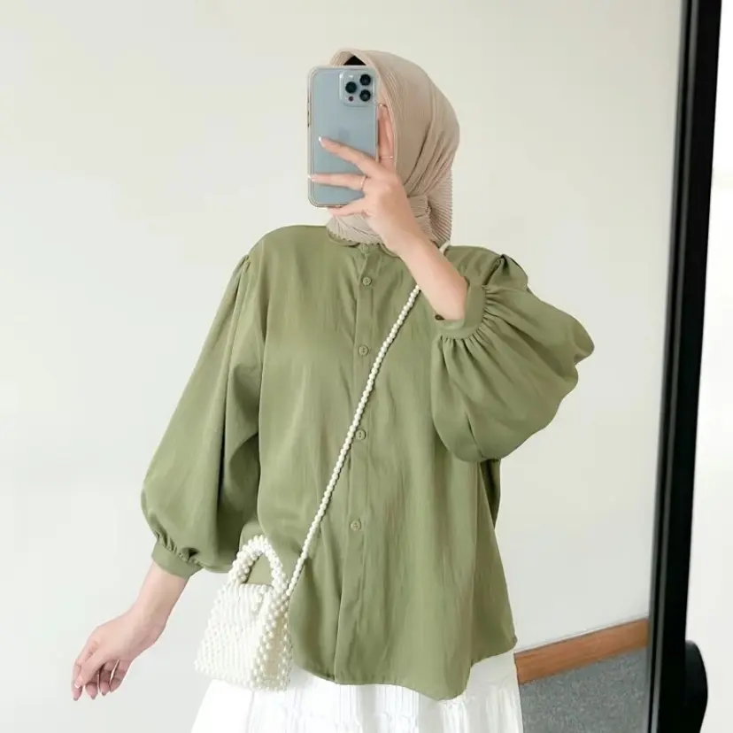 Elze Blouse Kemeja Atasan Wanita Shakila Twill Polos Lengan Balon Full Kancing Baju Panjang