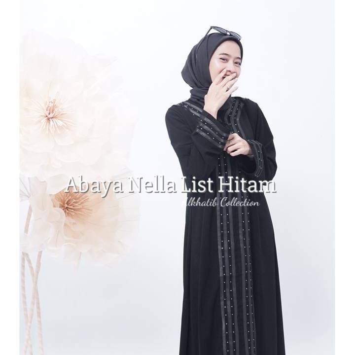 Abaya Gamis ALKHATIB Hitam Nella Motif Jetblack Ready Wanita Muslim Grade A Ukuran S M L XL XXL gamisabaya 6