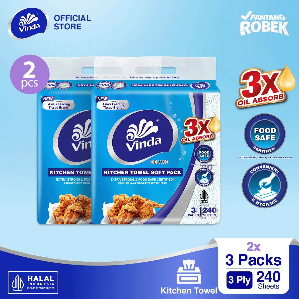 [BUNDLE] VINDA Deluxe Kitchen Towel Interfold 2 Set x 3 Packs | Paket Tisu Dapur Aman untuk Makanan