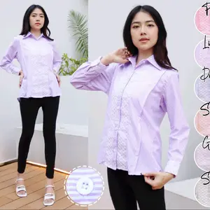 Kemeja Katun Salur Wanita Dewasa Casual Renda Tangan & Renda Dada Panjang