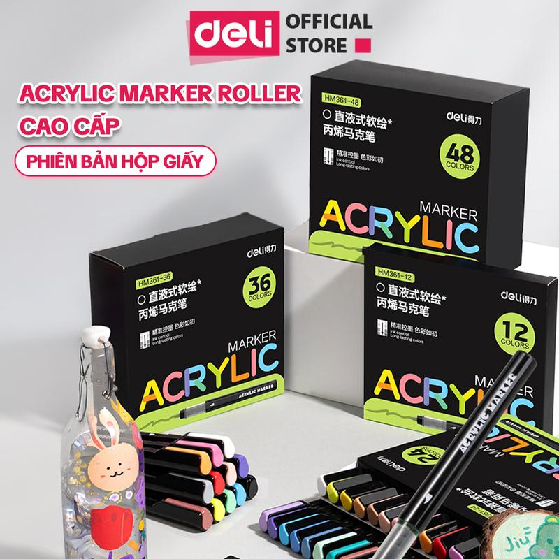 Bút sơn màu Acrylic Maker Roller Deli hộp giấy - Bút Acrylic Marker Dạng roller phiên bản hộp giấy 24/36/48/60 màu sắc tươi sáng vẽ được trên mọi chất liệu, có thể rửa sạch trên da