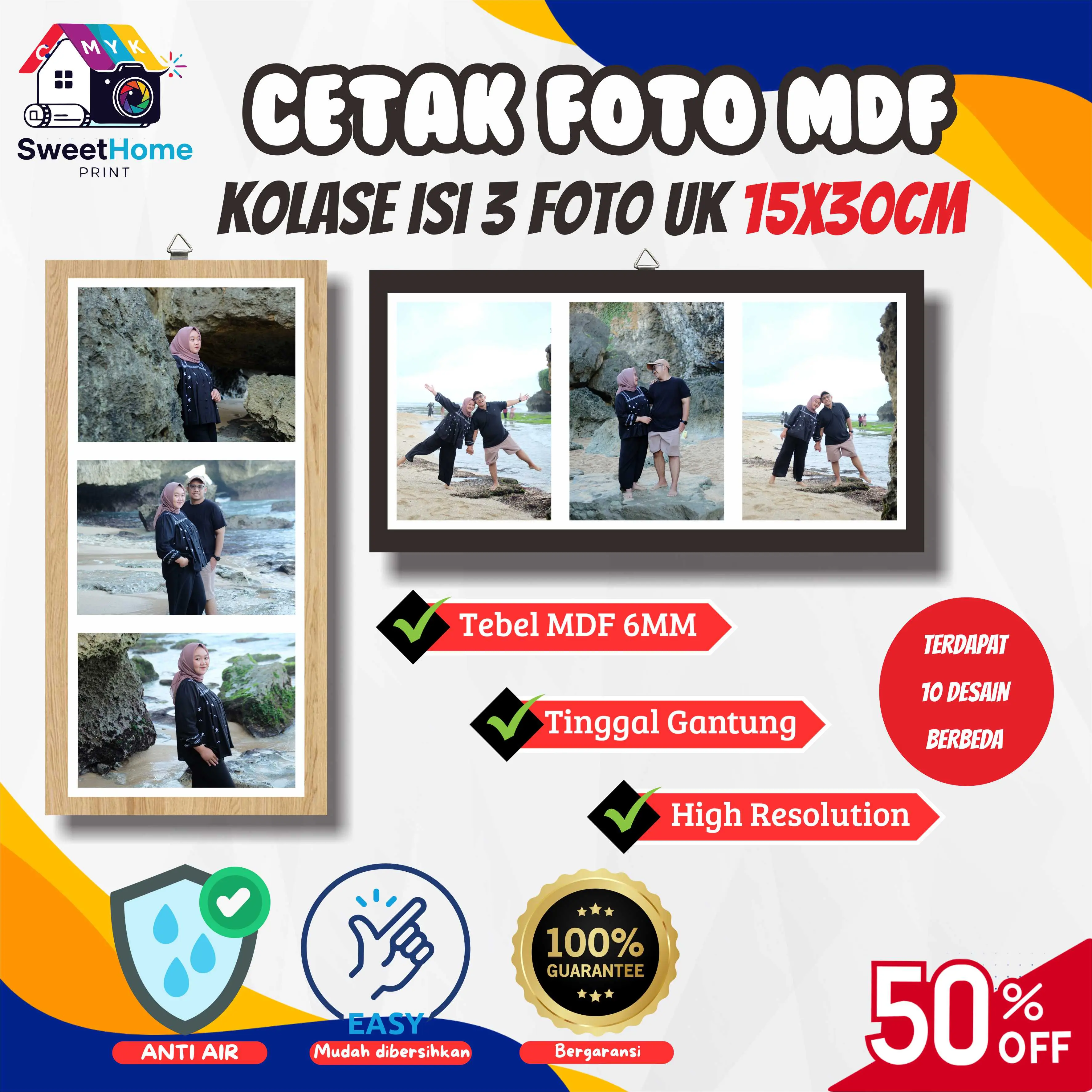 [1 BINGKAI 3 FOTO] CETAK FOTO BINGKAI PAPAN MDF UKURAN 15X30CM - CETAK FOTO CUSTOM PAPAN MDF