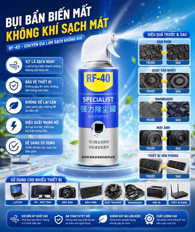 Bình Xịt Bụi RF-40 Air Duster, Chai Xịt Khí Nén Vệ Sinh Laptop Bàn Phím PC Máy…