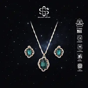 Set Aksesoris Cewe - Kalung dan Anting Emerald Blue Sapphire Casual Korean Look Simple Trendy AAKB0023