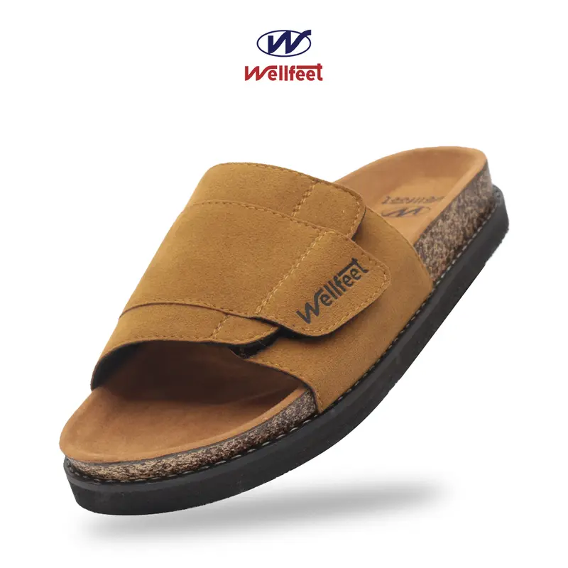 Wellfeet Ltd - Sandal Casual Santai Slide Pria Slip On Black/Tan -Cozy Suede Jepit Sendal Karet 6