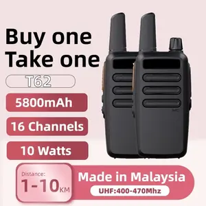 【2 Pcs】HT T62 Walkie Talkie Jarak Jauh 10KM UHF Total Output 10W Power Hingga Baterai Hingga K Headset 5800mAh IP54 Tahan Air Handy Talky Two Way Radio Garansi 12 bulan