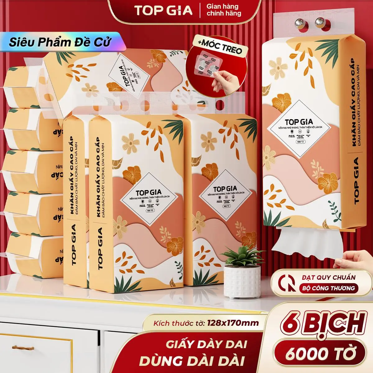 [SIÊU TIẾT KIỆM - SIÊU MỀM MỊN] Thùng 6 Bịch Khăn Giấy Rút Đáy Tiểu Hạ TOPGIA 4 Lớp Mềm Mịn, Thành Phần Bột Gỗ Tự Nhiên Thân Thiện An Toàn, Khăn Giấy Vệ Sinh 1000 tờ,4 lớp Tặng 2 móc treo tiện lợi ĐẠT QUY CHUẨN CỦA BỘ CÔNG THƯƠNG VTG86