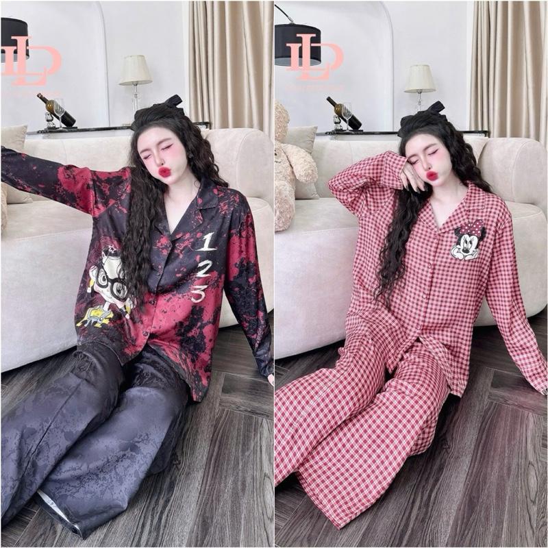 Đồ bộ nữ pijama - lụa thêu bướm - 45-65kg - tay dài quần dài 95cm - 2 màu