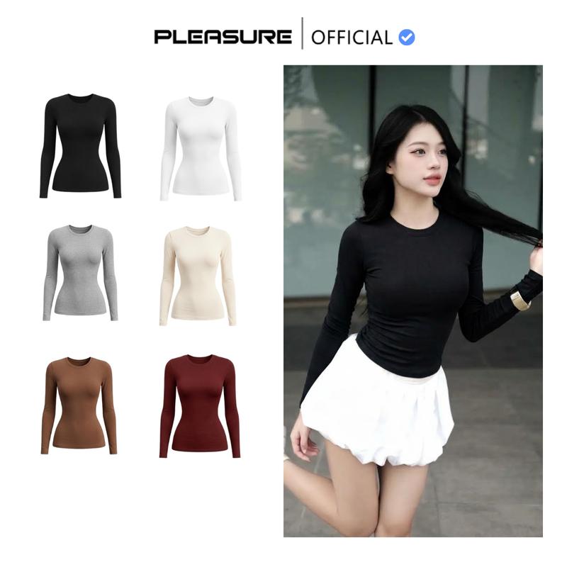 Áo Thun Nữ  Pleasure Áo Ôm Body Dài Tay Cổ Tròn Basic Tôn Dáng Chất Thun Mịn Co Dãn