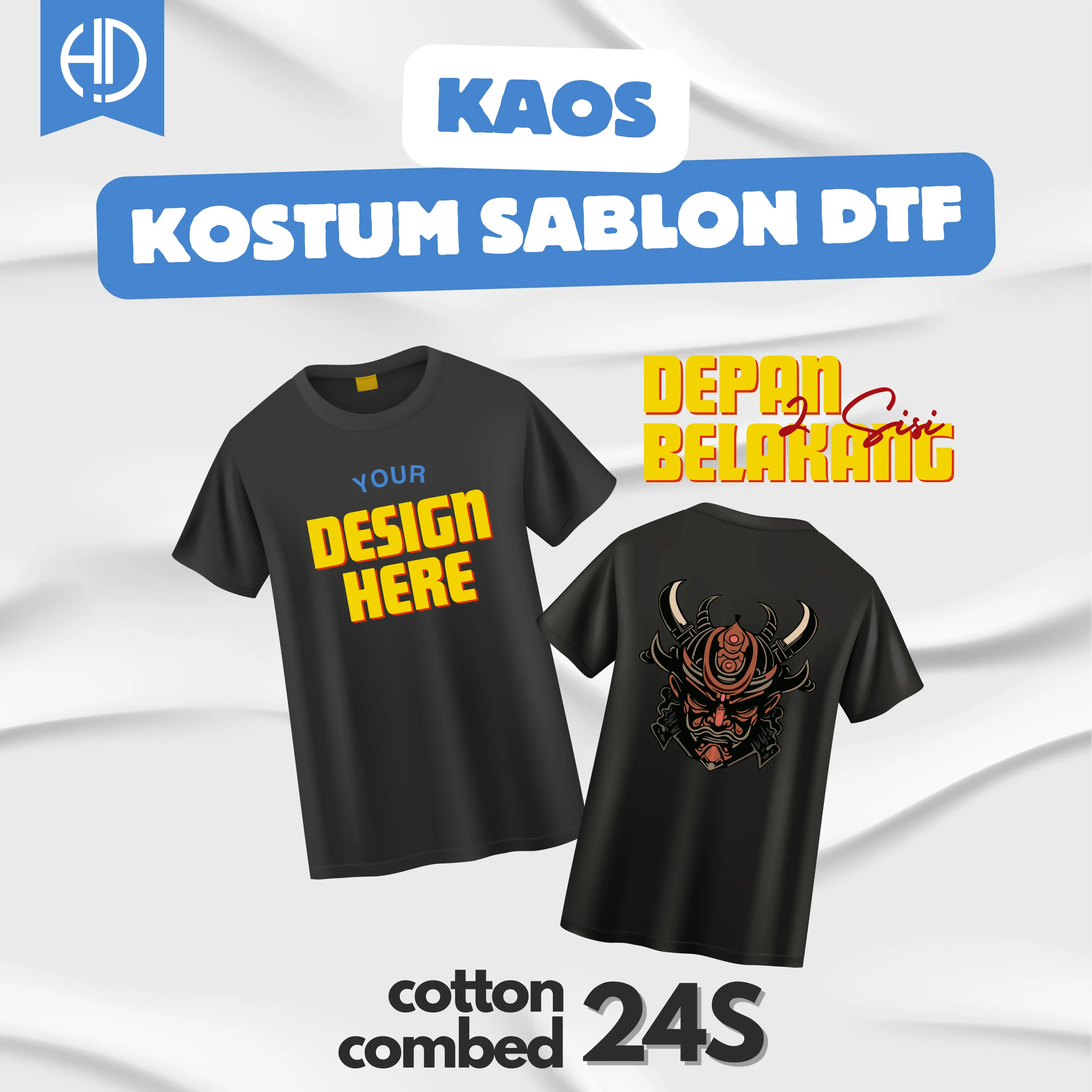 Kaos Kostum Sablon DTF Cotton Combed 24S Desain Sendiri Foto Gambar Nama Tulisan Kata-kata