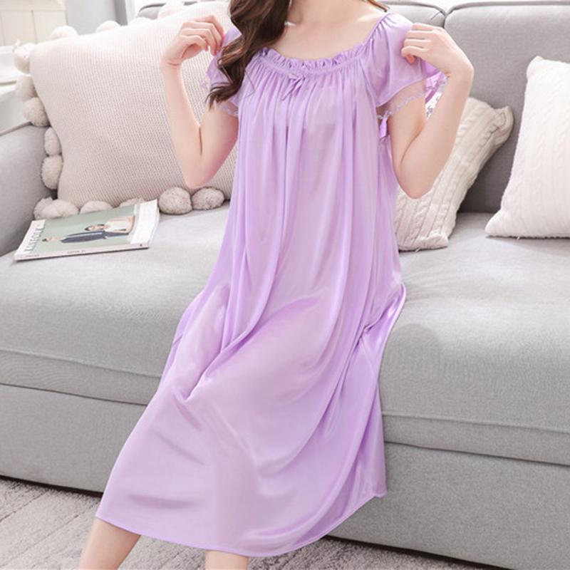Váy Ngủ Ren Ngoại Cỡ Cho Nữ, Có 10 Màu, Thích Hợp Cho Mùa Hè, Váy Ngủ Satin Ren Mỏng, Màu Trơn ngắn Tay, Đồ Ngủ Thoải Mái 3