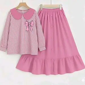 Setelan Rok Anak Perempuan usia 5 sampai 12 tahun One set anak Korean style terbaru fashion anak - muslim Baju Gamis Katun Salur Crinkle Air Flow Premium