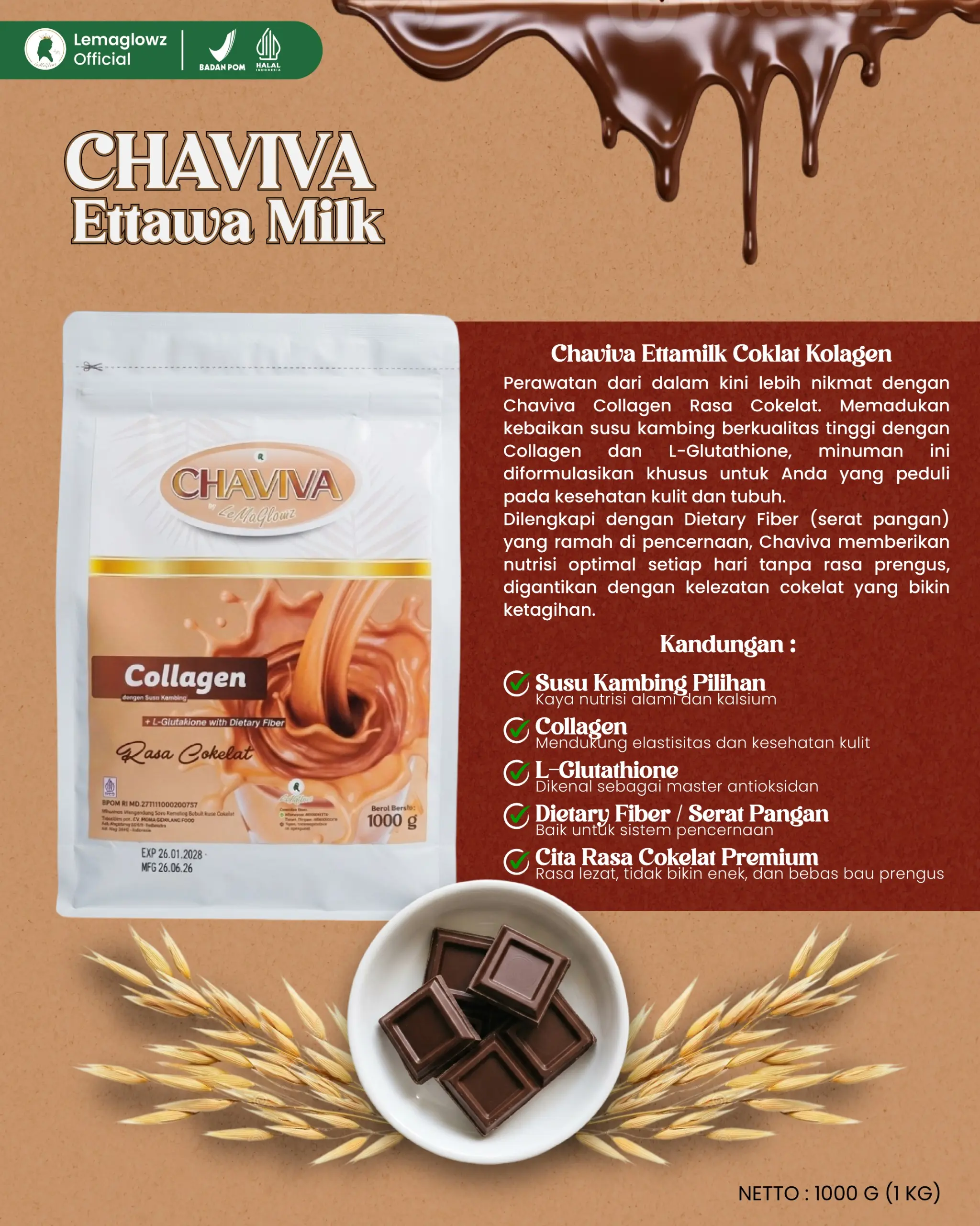 Ukuran 1kg Chaviva Cokelat Collagen by LeMaGlowz