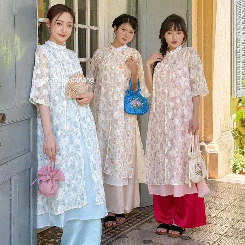(HAVANA) CÓ BIGSIZE - Áo dài tứ thân BÍCH HỒ voan tơ in họa tiết quả đào ngày xuân kèm quần Satin AD183
