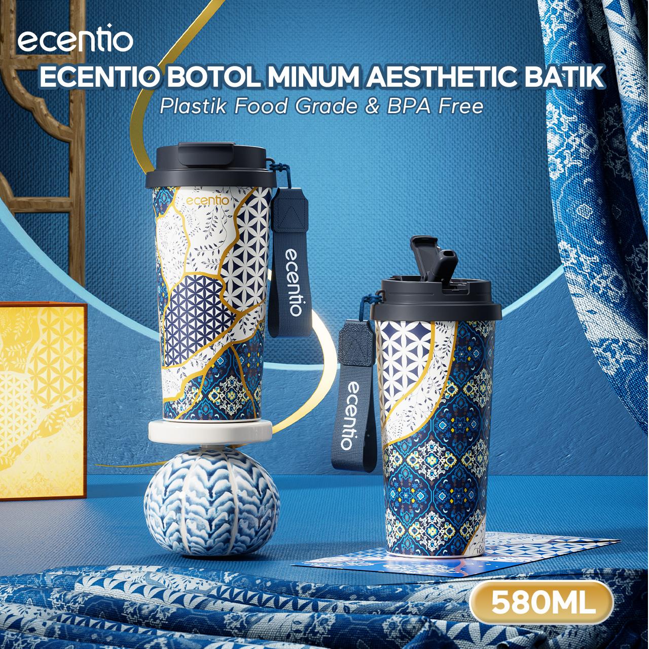 Ecentio Botol Minum 【live】Batik Aesthetic 580ml/800ml/900ml 【Stainless steel】【Plastic】Magnetic cover Vacuum  Flasks- Tahan Panas & Dingin, Food Grade, Desain Modern Warisan Budava BPA free