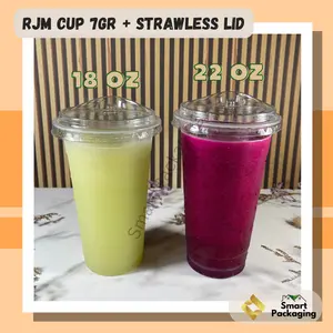[ISI 50 PCS] RJM Gelas Plastik PP 18 Oz 22 Oz 7gr 22 Oz 8gr + Strawless Lid RJM IMP / Cup Plastik  Datar + Tutup Sekali Pakai / Plastic Cup Bening Tebal