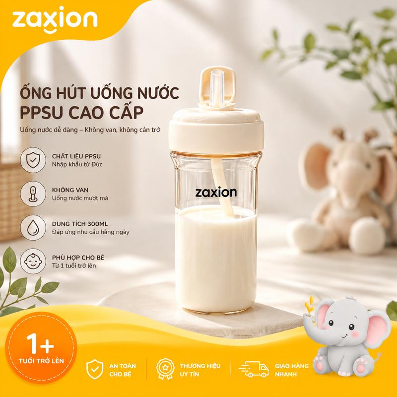 ZAXION Bình uống nước PPSU cho bé 300ml chống sặc có ống hút trọng lực cho bé từ 1 tuổi | Chống Rò Rỉ | Bình Nước Cho Bé