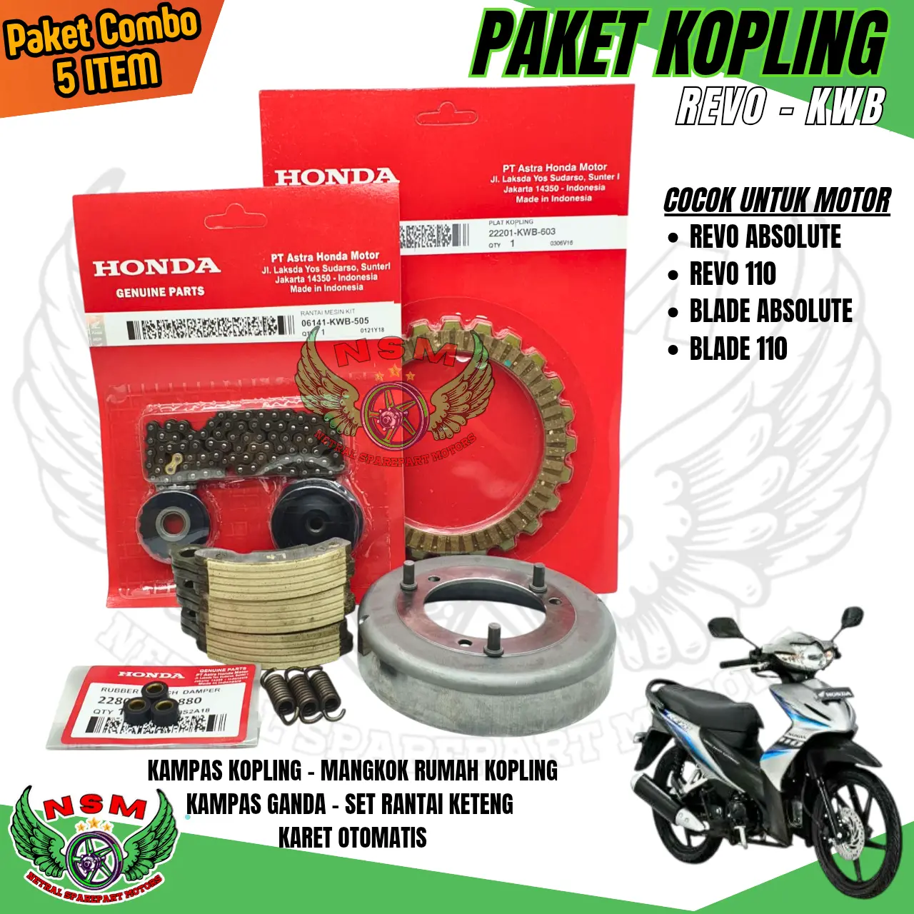 Paket Kopling 5 Produk kwb blade,Revo Absolute,Revo Fit / Paket Kampas kopling + Kampas Ganda + Mangkok Ganda + Rantai Keteng Set + Karet kopling Blade 110