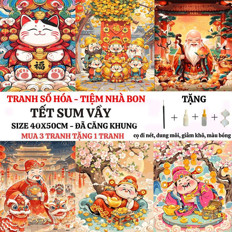   40X50cm-CÓ BACKBOARD  Tổng hợp Tranh tô màu theo số TẾT SUM VẦY có sẵn khung cọ vẽ màu vẽ tặng màu bóng giảm khô dung môi pha loãng và cọ chuyên dụng. Mua 3 tranh tặng 1 tranh Diy tranh Tô Màu Vẽ Tranh 