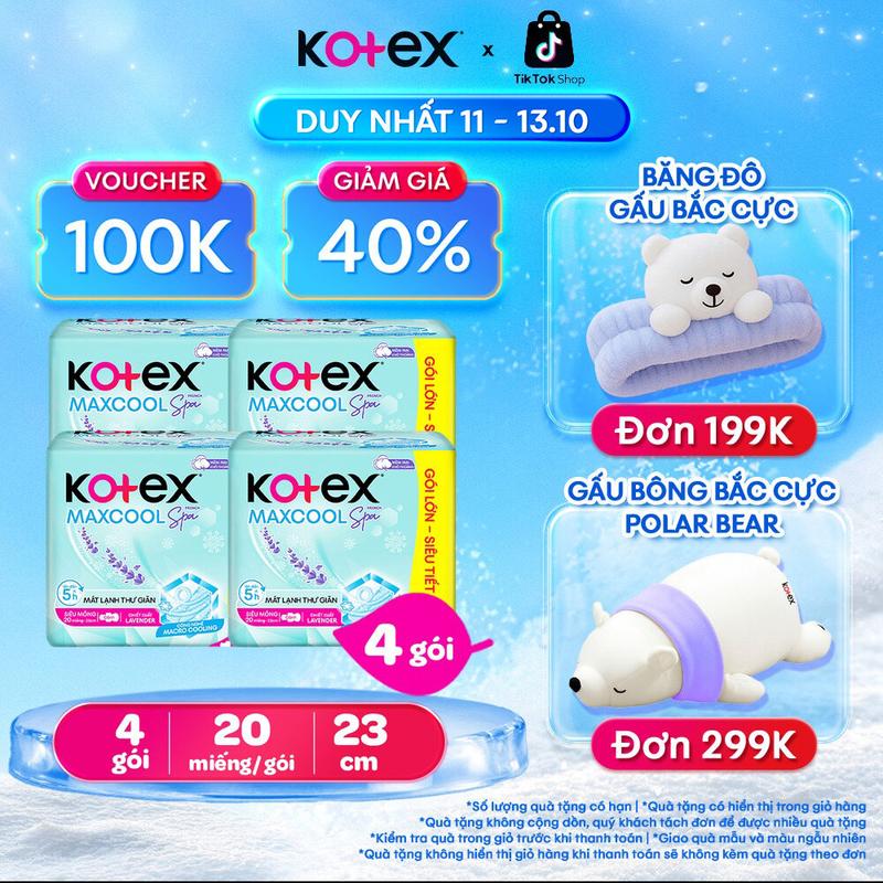 [QUÀ TẶNG HOT] 4 gói băng vệ sinh nữ Kotex Maxcool French Spa ban ngày 23cm Siêu Mỏng Cánh, 20 miếng/gói, Mặt bông, Thấm hút tốt, Chống tràn, Khử mùi, mát lạnh êm, bvs kinh nguyệt nhiều, miễn phí vận chuyển, chính hãng, tampon.