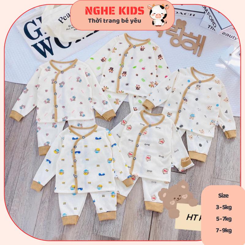 Combo 3-5 Bộ sơ sinh dài tay tăm gân cho bé, Quần áo thu đông bé trai bé gái khuy chéo Baby