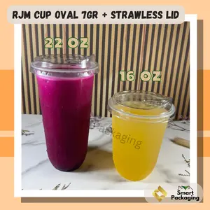 [ISI 50 PCS] RJM Gelas Plastik OVAL PP 16 Oz 22 Oz 7gr + Strawless Lid RJM IMP / Cup Plastik  Datar + Tutup Sekali Pakai / Plastic Cup Bening Tebal