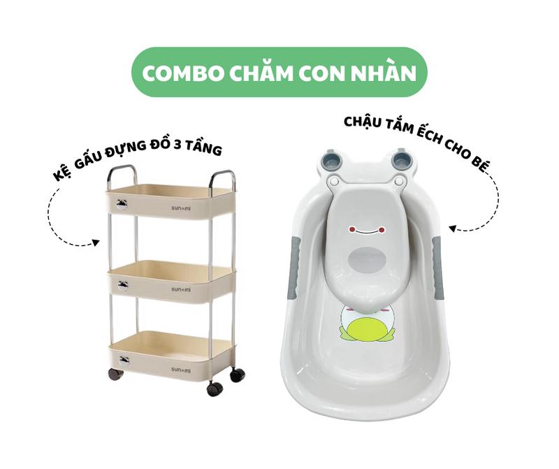 COMBO CHĂM CON NHÀN CHO MẸ BỈM chậu thau tắm con ếch Ghế Gội Đầu cho bé kèm Kệ đa năng đựng đồ bỉm sữa tiện ích d is in hti et kiem chat luong doso sinh giare