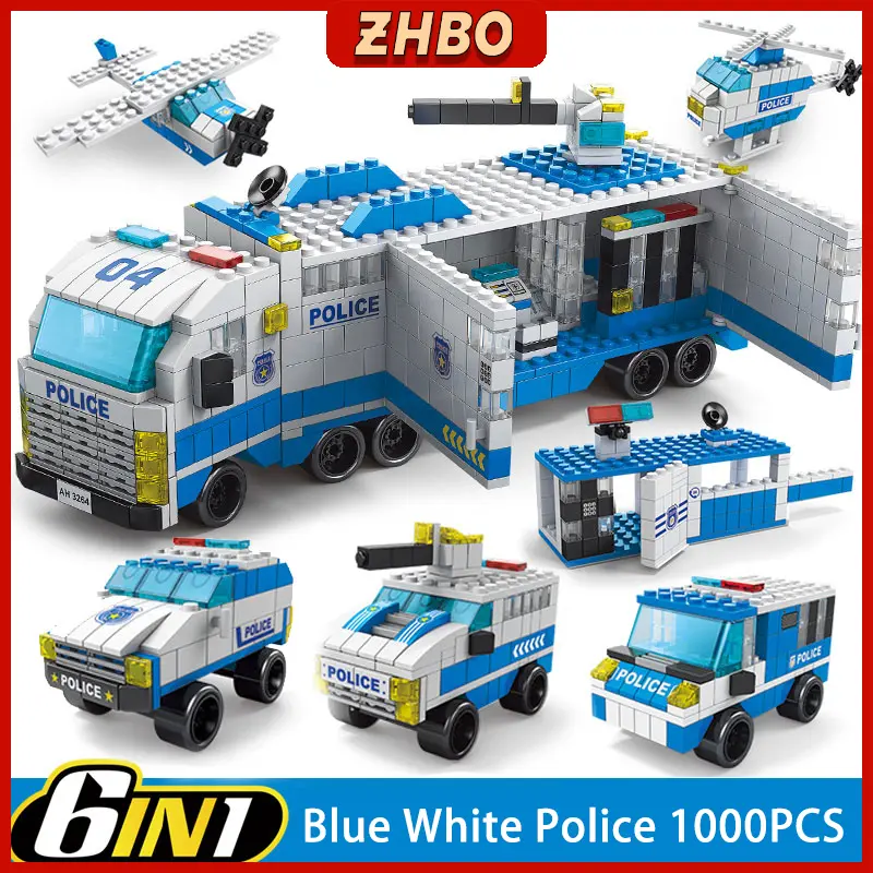 Mainan Anak Laki-laki 6-in-1 1000Pcs Brick Polisi mobil 3D Puzzle butiran standar Susun Edukasi Mainan 7/8/9/10 tahun Hadiah untuk anak-anak