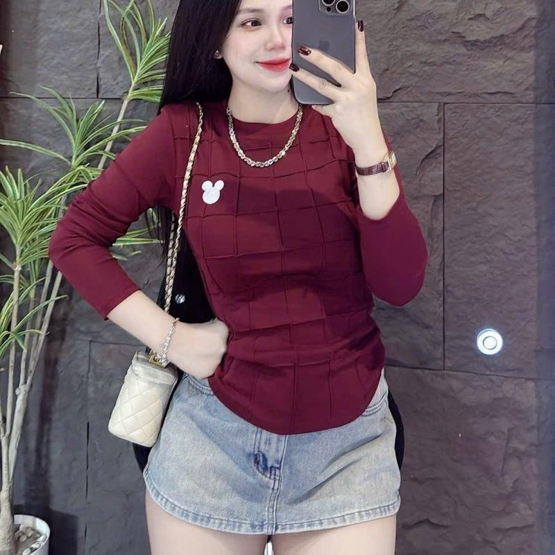 | A394| - áo thun nữ babytee from ôm body     Tay  dài ô vuông thêu logo  dưới 56kg borrip co giãn  Cổ Tròn Women Top Nhun 